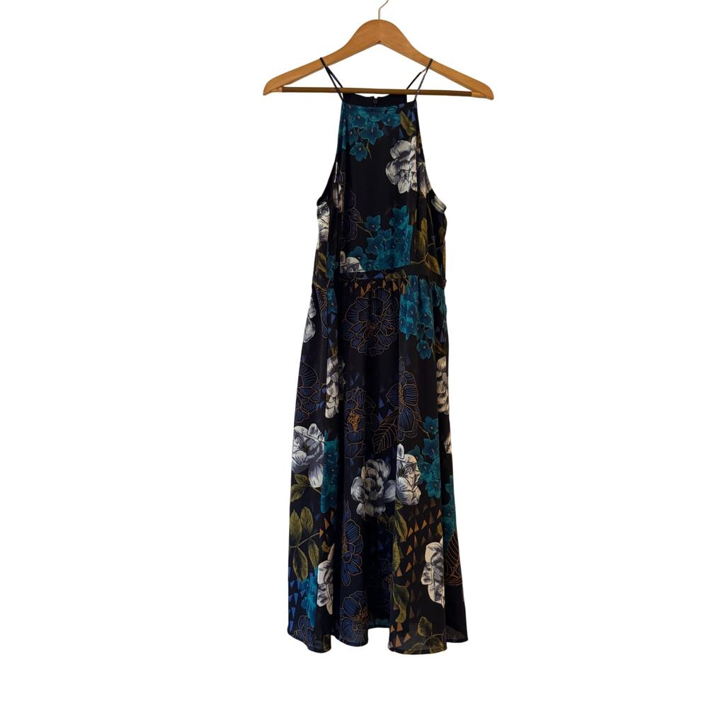 Everly Floral Halter Midi Dress Size M Black Blue Green Sleeveless Summer Boho‎